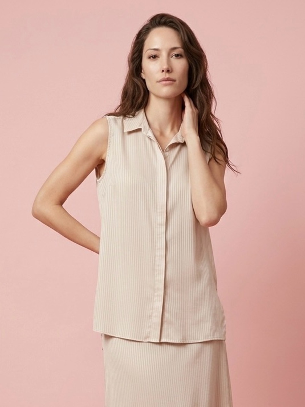 Modern Works Beige Classic Office Attire Sleeveless Striped Blouse - XL